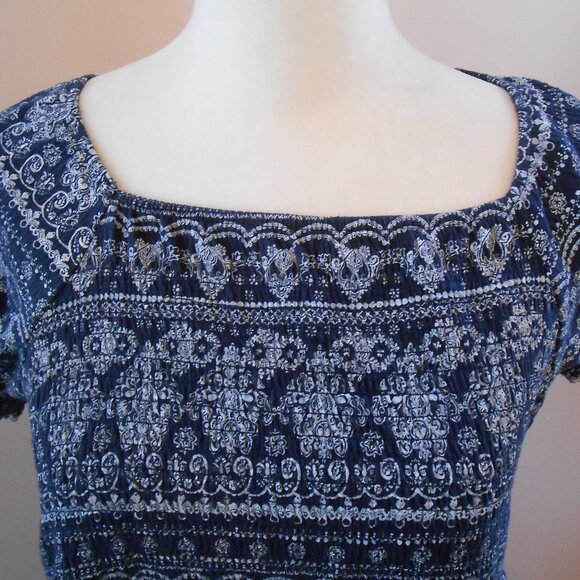 Roz & Ali Womens Navy Blue Short Sleeve Elastic Bodice Square Neck Boho Blouse-L - Picture 2 of 4